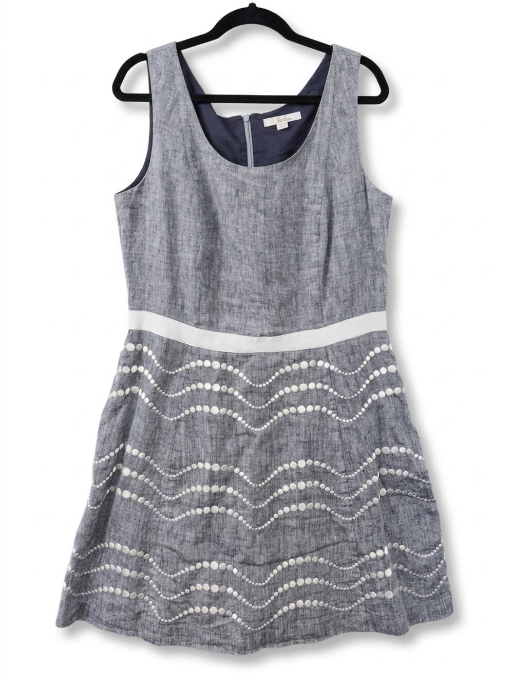 Boden Chambray Linen Fit & Flare Dress Size 12 Embroidered Lined Sleeveless